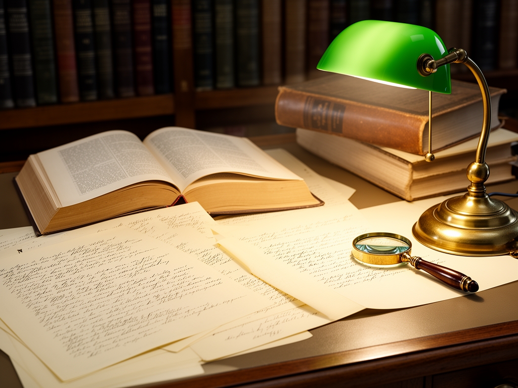 Bureau de recherche documentaire avec des livres ouverts, des notes manuscrites sur papier crème, une loupe en laiton et une lampe de bureau vintage éclairant un espace de travail académique ordonné