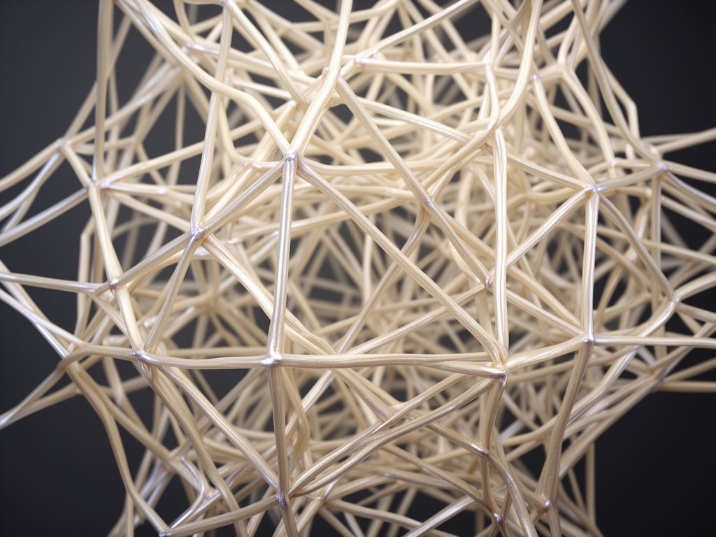 Visualisation artistique de fibres de collagène entrelacées en réseau géométrique, couleurs crème et nacré sur fond anthracite, éclairage studio froid