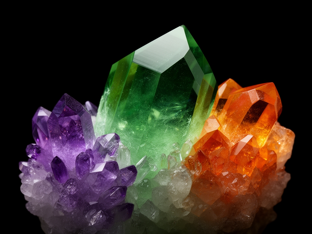 Plan rapproché de minéraux cristallins de couleurs variées (vert, violet, orange) sur fond noir profond avec lumière directionnelle créant des reflets géométriques